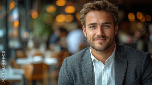 Handsome Young Businessman in Suit Smiling at Camera, Close-Up Portrait in Restaurant,