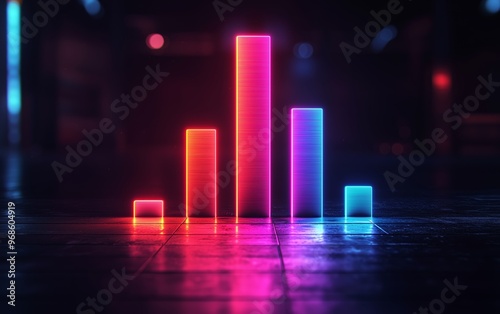 A futuristic glowing neon bar graph in a dark setting, symbolizing data analysis, technology, and performance tracking in modern business.