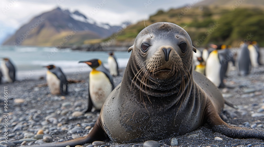 Fototapeta premium Marine mammals and flightless birds in the southern coastal region.