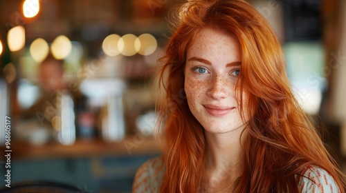 Portrait of young happy red-haired girl on blurred background of cafe.