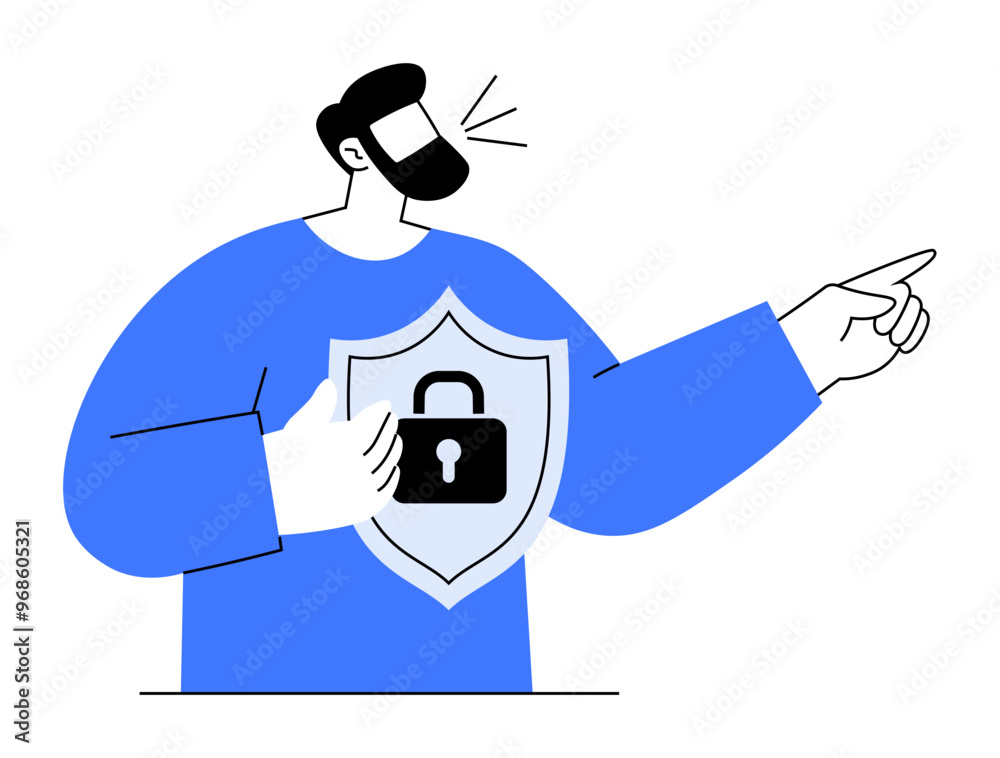 Bearded man speaking and pointing, holding shield with lock symbol. Ideal for data security, online protection, privacy, cybersecurity education, and safety awareness. Simple vector style. Bearded man speaking and pointing, holding shield with lock symbol. Ideal for data security, online protection, privacy, cybersecurity education, and safety awareness. Simple vector style.