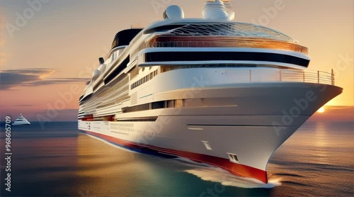 Top view of a passenger cruise ship sailing in the ocean. Fly over cruise ships at sea during a golden summer sunset. Exclusive tourism travel on holiday.