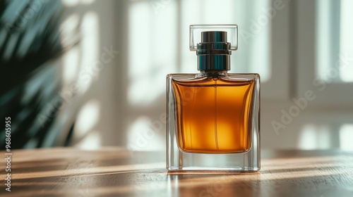 A closeup shot of a luxury perfume bottle on a wooden vanity