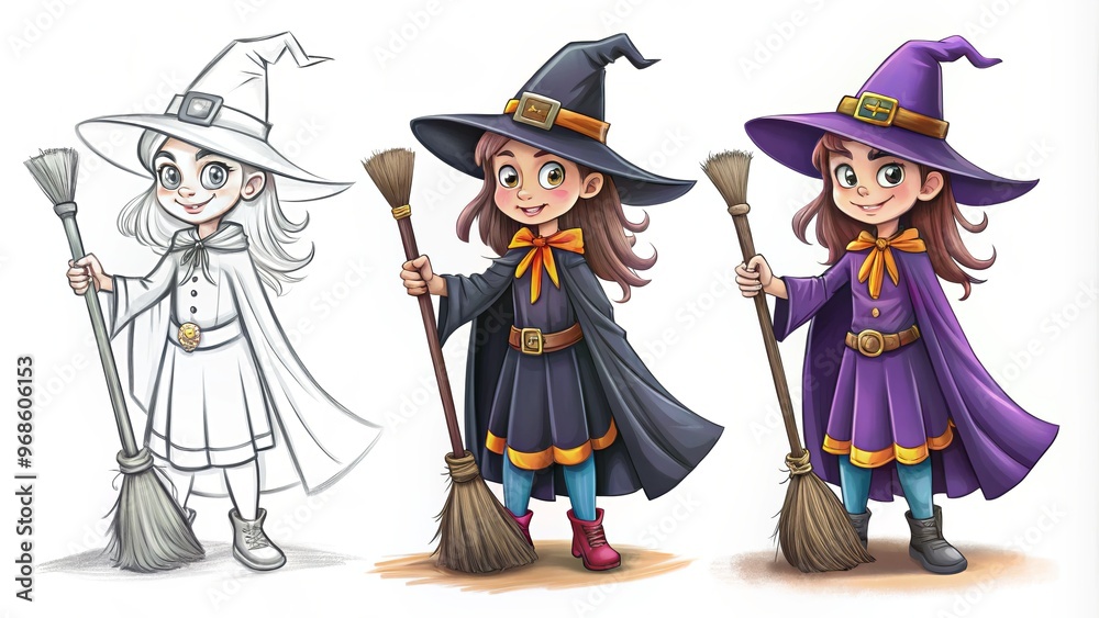Start with a basic body shape, add a pointy hat and curved broom, and finally, a flowing cape Start with a basic body shape, add a pointy hat and curved broom, and finally, a flowing cape
