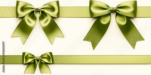 Collection of green satin bows with ribbons, tied neatly in different styles on a soft, light background. Ideal for wrapping gifts for various occasions.
