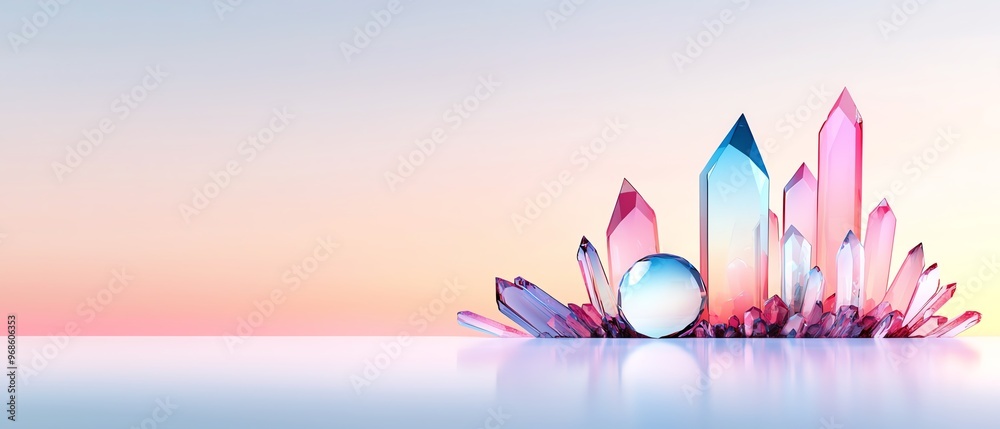 A serene arrangement of colorful crystals reflecting soft light, creating a tranquil and enchanting atmosphere for any design. A serene arrangement of colorful crystals reflecting soft light, creating a tranquil and enchanting atmosphere for any design.