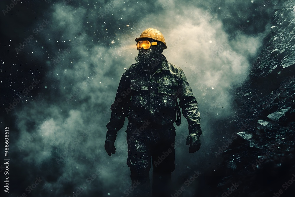 A man in a yellow helmet and goggles is walking through a foggy A man in a yellow helmet and goggles is walking through a foggy