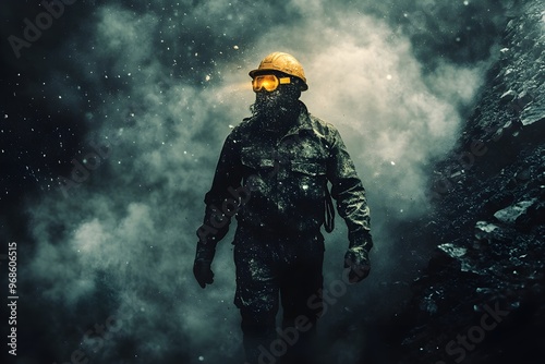 A man in a yellow helmet and goggles is walking through a foggy