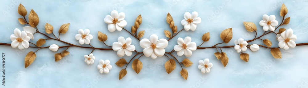 White Flowers and Gold Leaves on Blue Background Floral Design Element White Flowers and Gold Leaves on Blue Background Floral Design Element
