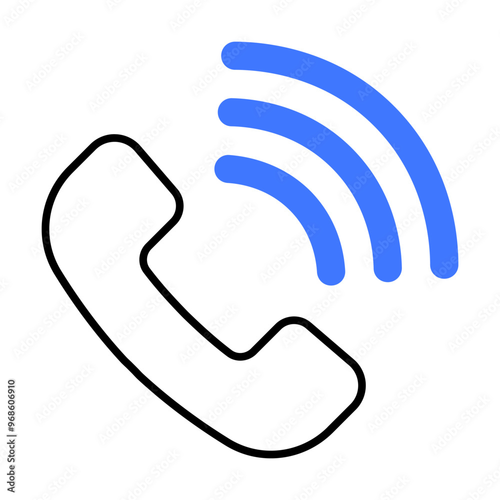 The image shows a black outline of a telephone handset with four blue sound waves emitting from it. Ideal for themes of communication, contact, support, technology, and connectivity. The image shows a black outline of a telephone handset with four blue sound waves emitting from it. Ideal for themes of communication, contact, support, technology, and connectivity.
