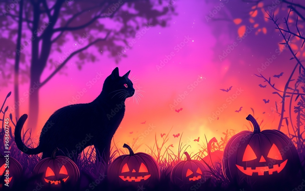 Fototapeta premium A mysterious black cat silhouettes against a vibrant Halloween sunset with glowing pumpkins and flying bats in the background.