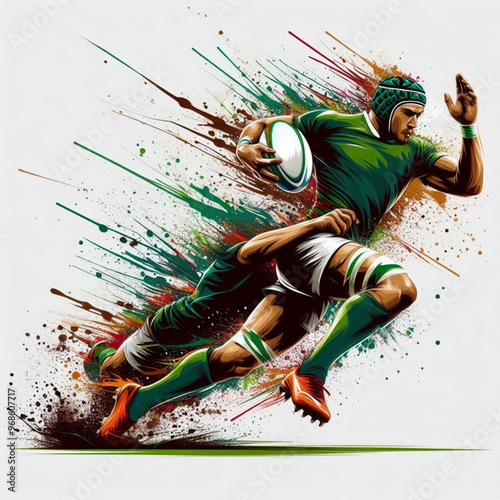 Rugby player in action sprinting with intense energy and colorful splashes

