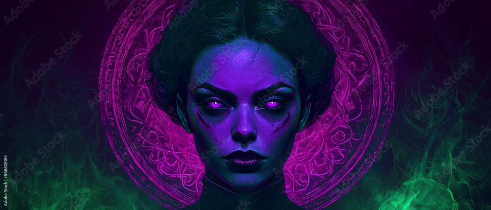 A mystical portrait featuring a woman with glowing eyes and ethereal colors, evoking themes of magic and the supernatural.