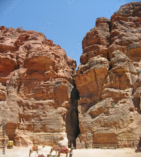 Giant crack in the rock, Exit from Siq slot canyon to the Petra central square, Jordan photo