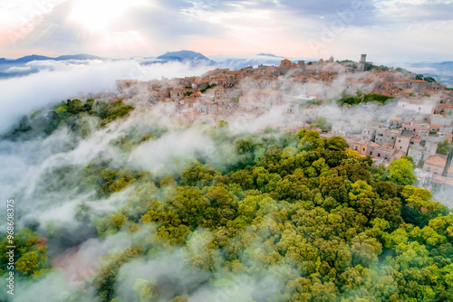 Fototapeta Naklejka Na Ścianę i Meble -  Aerial view of historic town of Erice near Trapani. Castello di Venere, Sicily, Italy.