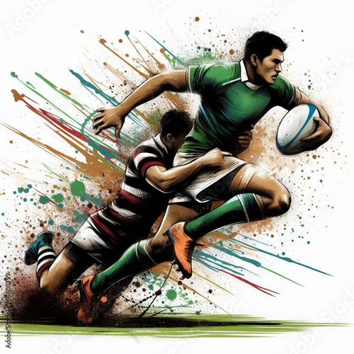 Rugby player in action sprinting with intense energy and colorful splashes

