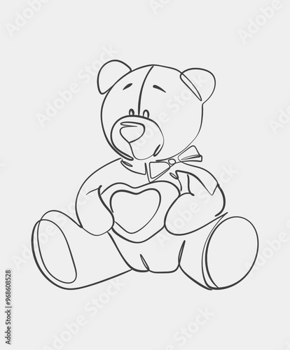 Simple line art of a teddy bear holding a heart, featuring a bow tie. Ideal for coloring pages or children's designs.