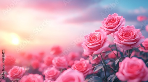 Pink Roses in a Field at Sunset
