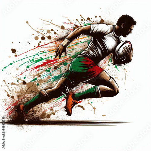 Rugby player in action sprinting with intense energy and colorful splashes

