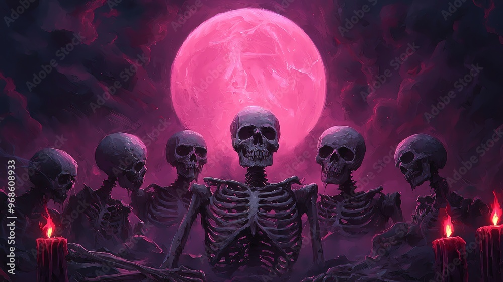 A mysterious skeleton gathering under a glowing pink moon, surrounded by candles, evoking a haunting, eerie atmosphere. A mysterious skeleton gathering under a glowing pink moon, surrounded by candles, evoking a haunting, eerie atmosphere.