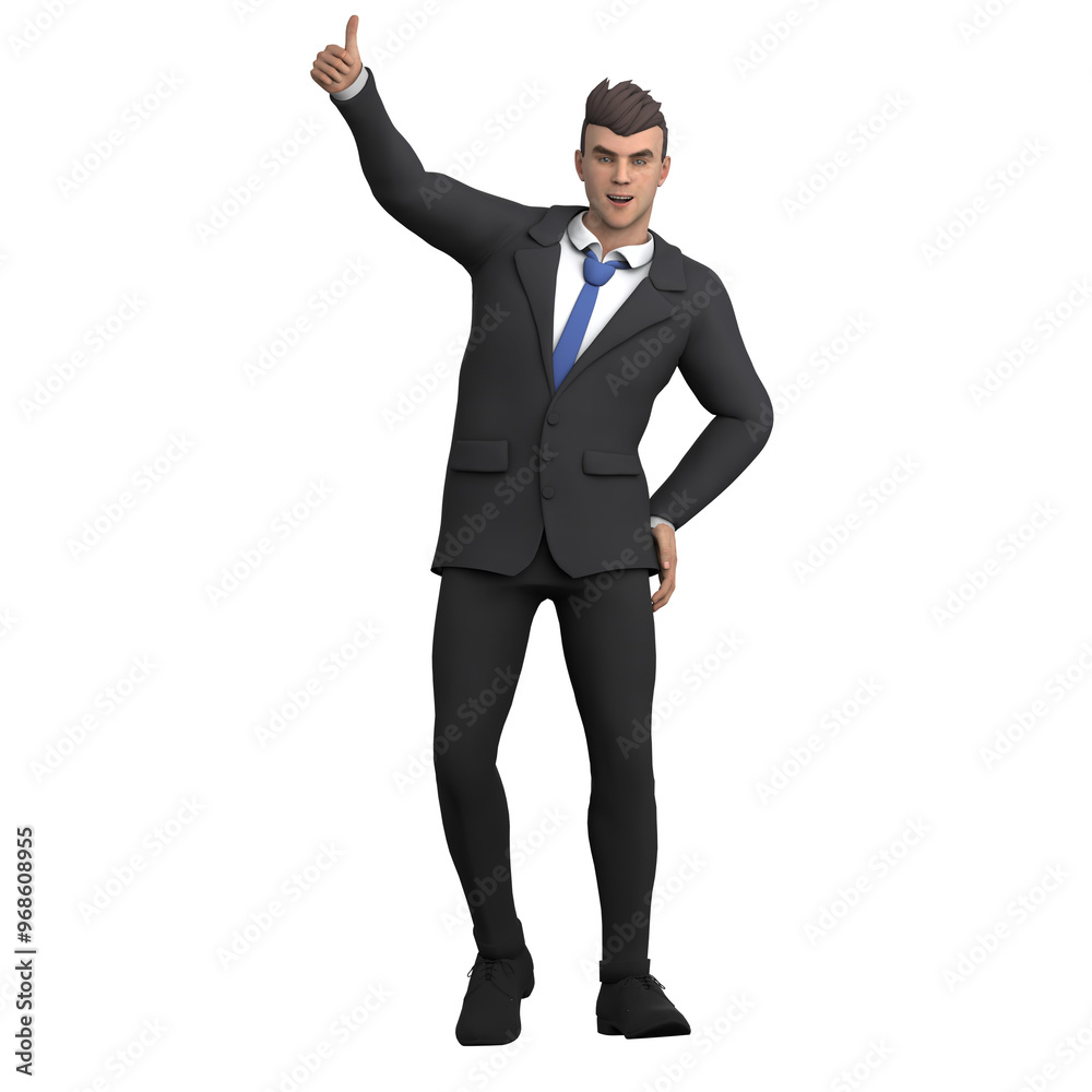 Animated Male Lawyer. A male lawyer stands with his left hand on his hip and his right hand raised while giving a thumbs up, as if approving a presentation. 3D Legal Professional Animated Male Lawyer. A male lawyer stands with his left hand on his hip and his right hand raised while giving a thumbs up, as if approving a presentation. 3D Legal Professional