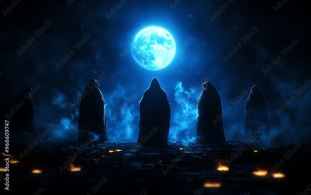 Mysterious figures in cloaks stand under a glowing moon, surrounded by an eerie blue mist and flickering lights, evoking a sense of intrigue. Mysterious figures in cloaks stand under a glowing moon, surrounded by an eerie blue mist and flickering lights, evoking a sense of intrigue.