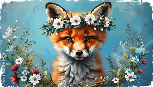 Charming fox cub adorned with a flower crown against a serene blue backdrop, celebrating springs beauty and wildlife in a whimsical design for invitations and cards photo