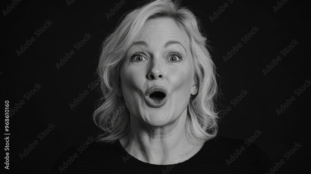 Happy blonde woman in 50 yo, black background, portrait, mouth rounded, saying oh, the woman is making oooh sound with her mouth, she is opening her mouth to make duck face. Happy blonde woman in 50 yo, black background, portrait, mouth rounded, saying oh, the woman is making oooh sound with her mouth, she is opening her mouth to make duck face.