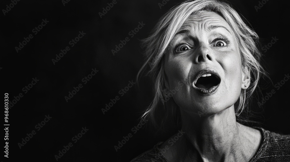 Happy blonde woman in 50 yo, black background, portrait, mouth rounded, saying oh, the woman is making oooh sound with her mouth, she is opening her mouth to make duck face. Happy blonde woman in 50 yo, black background, portrait, mouth rounded, saying oh, the woman is making oooh sound with her mouth, she is opening her mouth to make duck face.