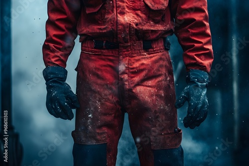 A man in a red jumpsuit stands in front of a wall with smoke