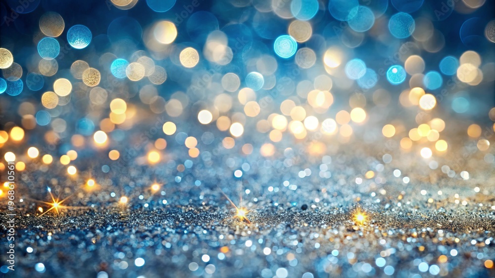 Abstract festive background with silver, blue, and gold glitter lights shining on a defocused backdrop Abstract festive background with silver, blue, and gold glitter lights shining on a defocused backdrop