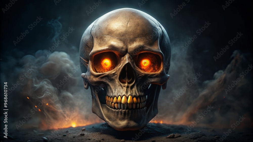 The very embodiment of mortality, a glowing-eyed skull looms in the darkness, its twisted mouth curled into a The very embodiment of mortality, a glowing-eyed skull looms in the darkness, its twisted mouth curled into a
