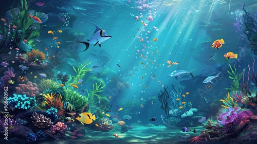 Underwater Scene with Colorful Fish and Coral Reef