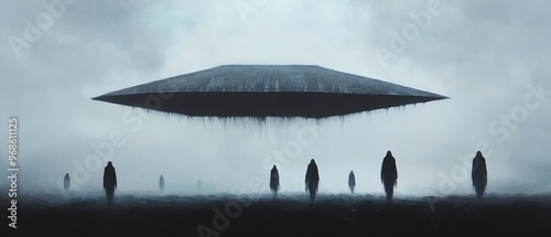 A mysterious flying saucer hovers above shadowy figures in a foggy landscape, evoking a sense of intrigue and the unknown. photo