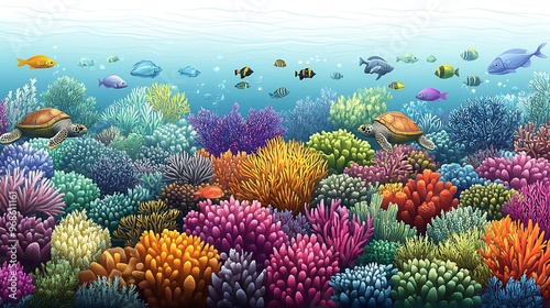 Detailed vector design of an underwater coral reef teeming with vibrant fish sea turtles and colorful corals capturing the diversity and beauty of marine life photo