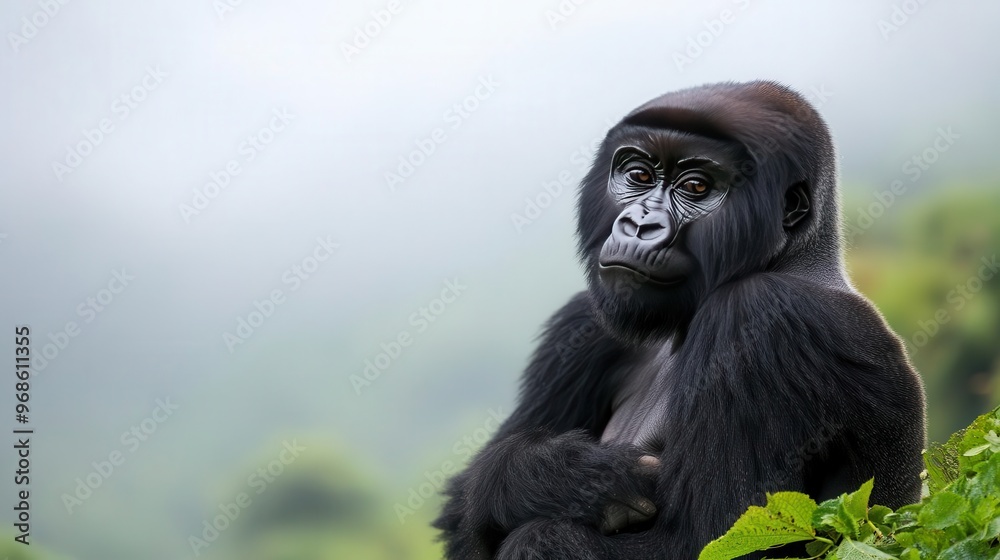 Naklejka premium Majestic mountain gorilla in misty forest