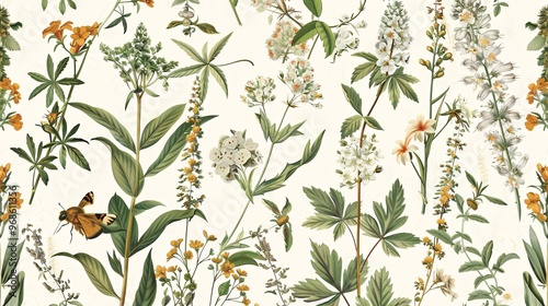 Fototapeta Naklejka Na Ścianę i Meble -  White and Yellow Floral Pattern with Butterfly