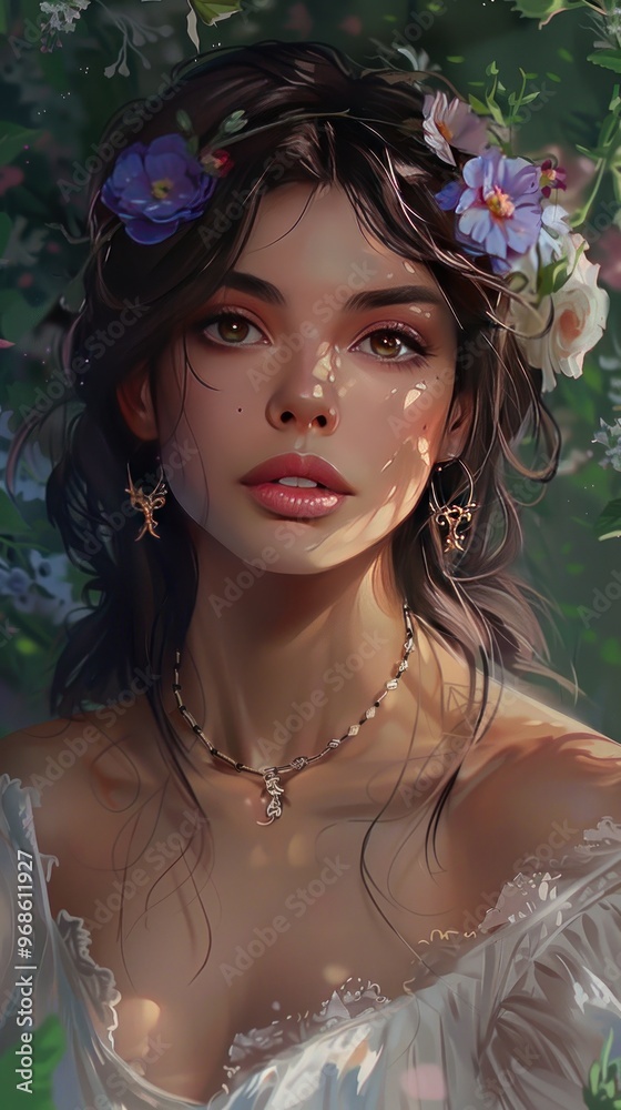 A portrait of a woman adorned with flowers, showcasing beauty and nature. A portrait of a woman adorned with flowers, showcasing beauty and nature.