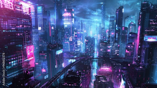 Cyberpunk Cityscape with Neon Lights and Digital Glitch