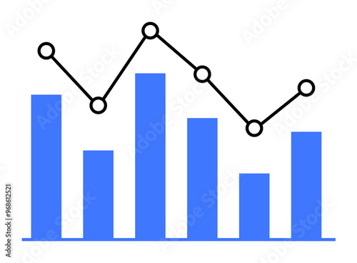 Bar graph with six blue bars of varying heights and black line graph with circular data points. Ideal for data analysis, performance tracking, financial reporting, presentations, and business strategy