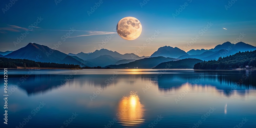 A serene night scene featuring a full moon over a mountain range, with a body of water in the foreground and distant mountains A serene night scene featuring a full moon over a mountain range, with a body of water in the foreground and distant mountains