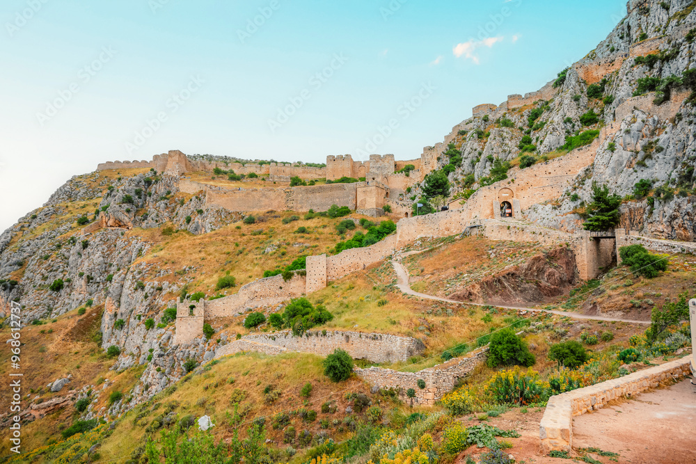 Fototapeta premium Acrocorinth fortress, Upper Corinth, the acropolis of ancient castle of Corinth Peloponnese, Greece