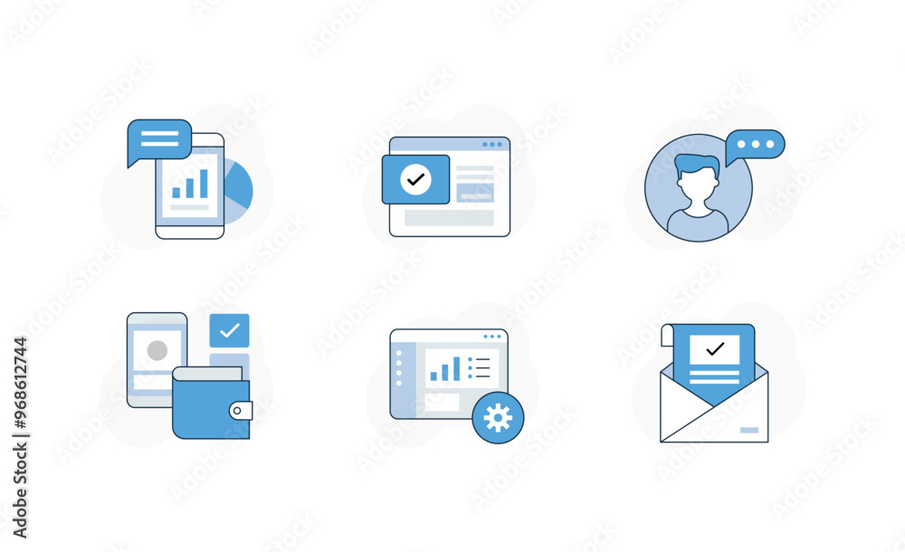 Vector icon set for mobile communication, finance, and data management. Depicts icons of online messaging, financial wallets, web settings, and email confirmations.