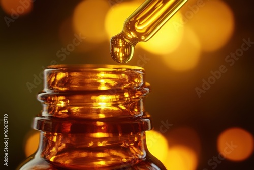 Close-Up Of Dropper Dispensing Liquid Into Amber Glass Bottle With Golden Light photo