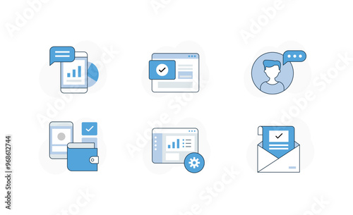 Vector icon set for mobile communication, finance, and data management. Depicts icons of online messaging, financial wallets, web settings, and email confirmations.