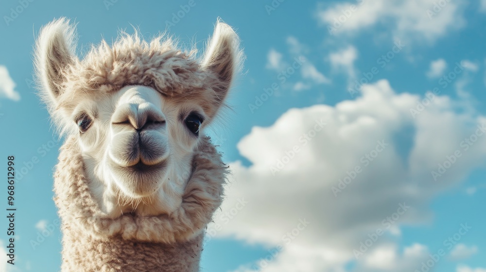 Obraz premium A close-up of a curious llama against a blue sky with fluffy clouds.
