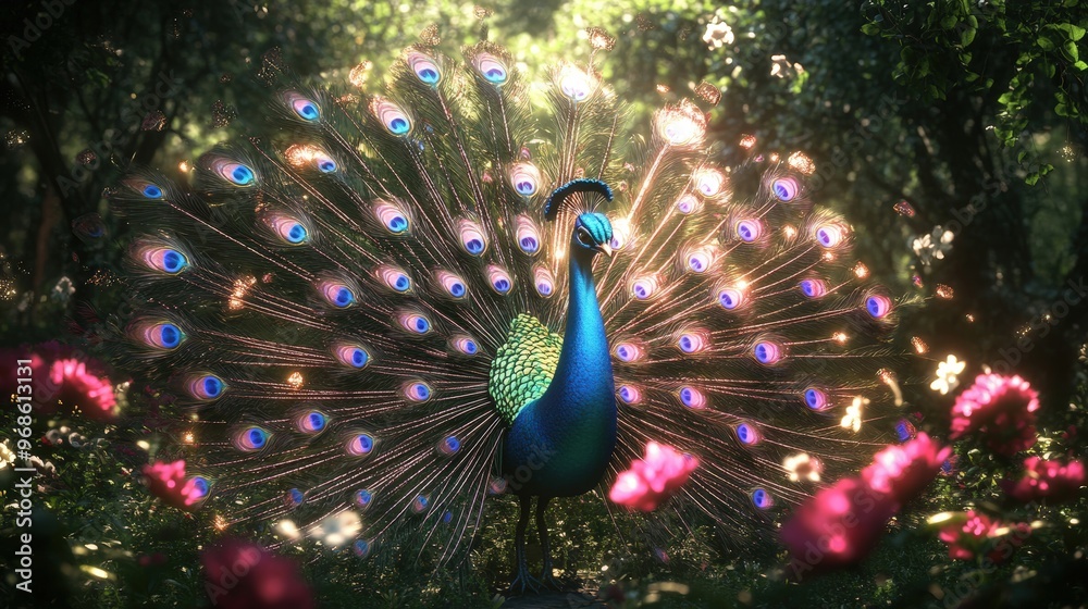 Obraz premium A colorful peacock is standing in a field of flowers