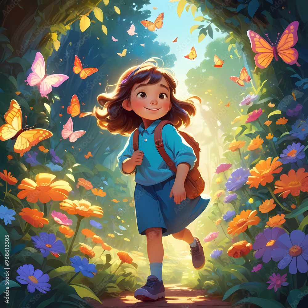 A child discovering a hidden garden full of glowing, magical flowers, their face illuminated with pure wonder and joy as butterflies flutter around in the warm, golden light. A child discovering a hidden garden full of glowing, magical flowers, their face illuminated with pure wonder and joy as butterflies flutter around in the warm, golden light.