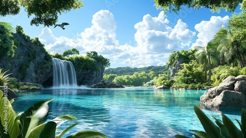 Serene, tropical paradise with a cascading waterfall, lush vegetation, and exotic birds, realistic, idyllic escape
