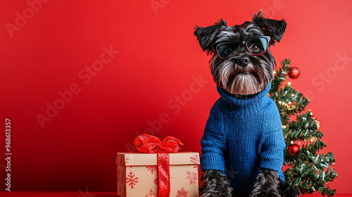 cut schnauzer puppy dog celebration christmas holiday background marry christmas and happy new year